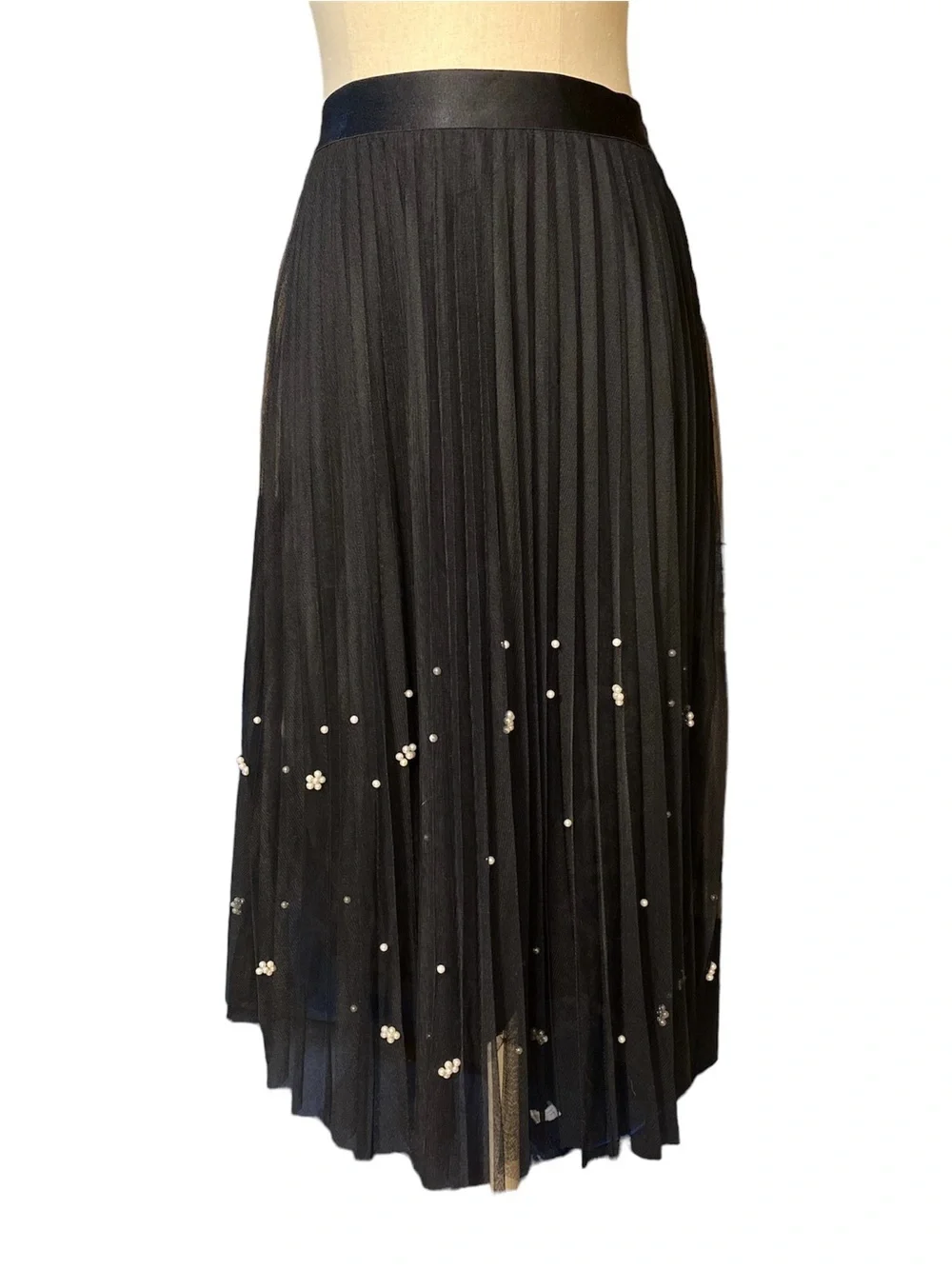 Eva Franco Pleated Mesh Tulle Black Midi Skirt Medium Whimsygoth Balletcore NWT - Picture 3 of 7